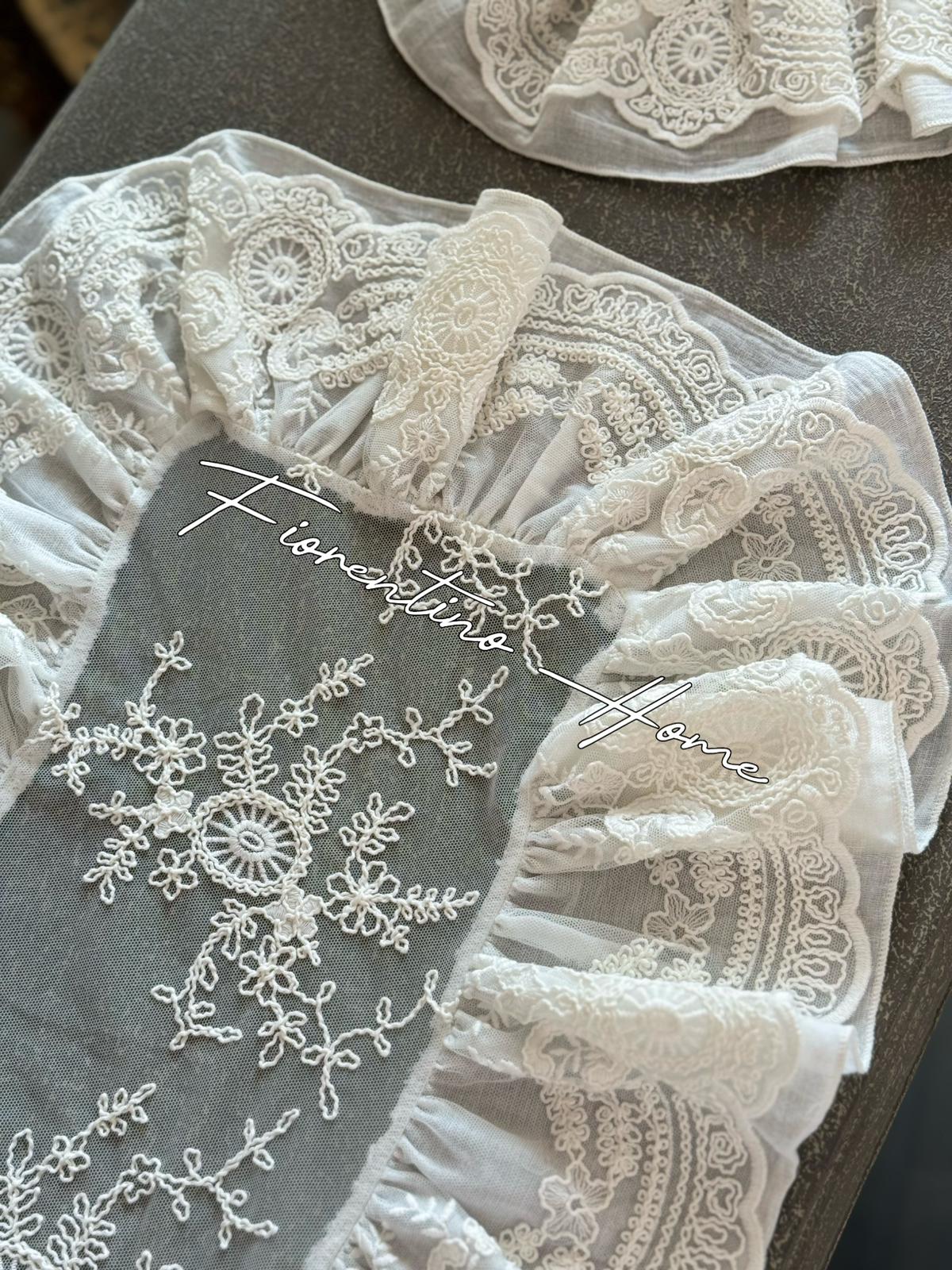 Tris centrini in pizzo  e garza di cotone sartoriale Roccoco - vari colori -  80x40+45x40 - Charme Home Textile